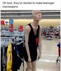 picture of a mannequinn hunched over simulating a teenager