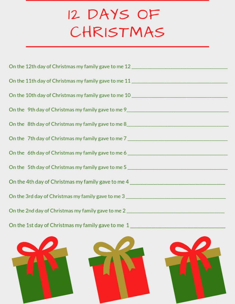 12 days of Christmas song sheet to sing to your family for a unique gift giving idea