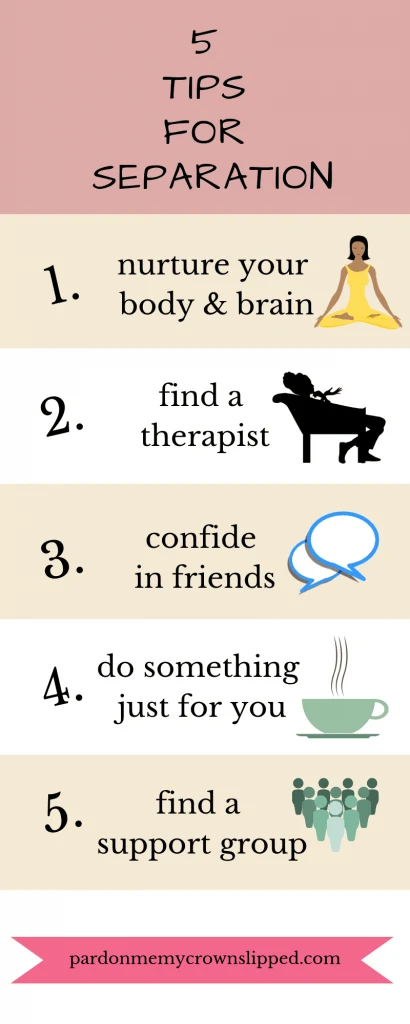 separated from your spouse Tips for Separation Infographic Nurture Your body and brain, find a therapist, confide in friends, do something just for you, find a support group