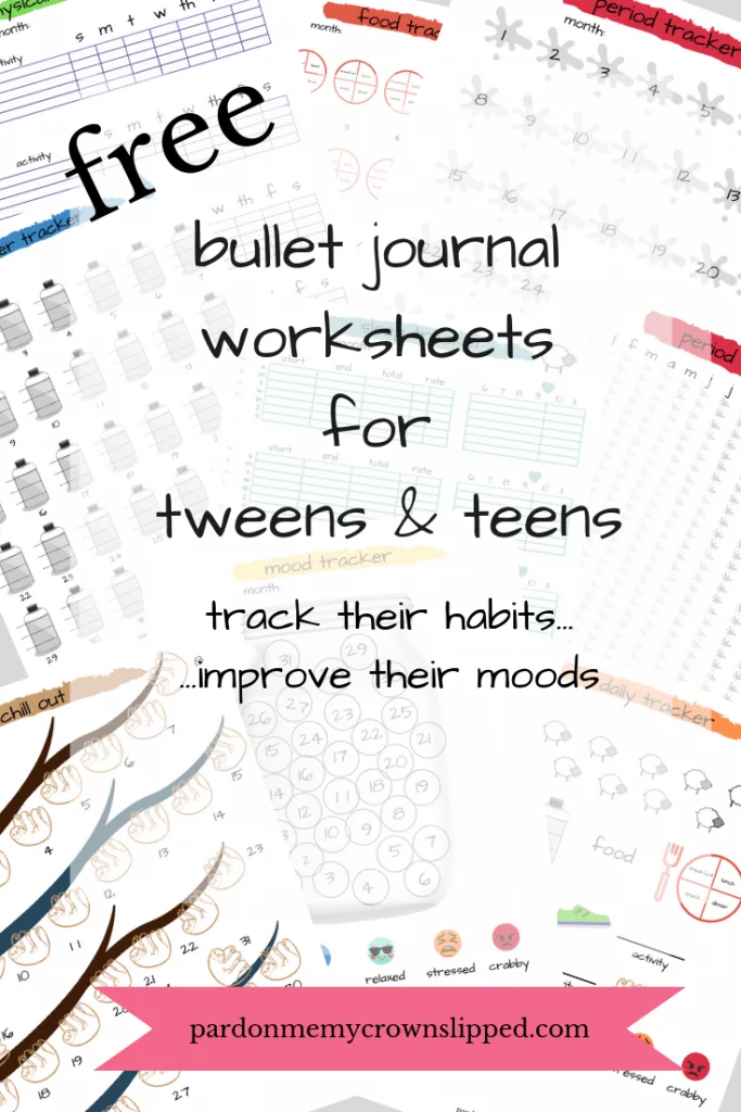Free Printable Bullet Journal Worksheets >>> Download trackers for sleep, water, physical activity, water intake, food, and periods to help combat those cranky tween and teen moods