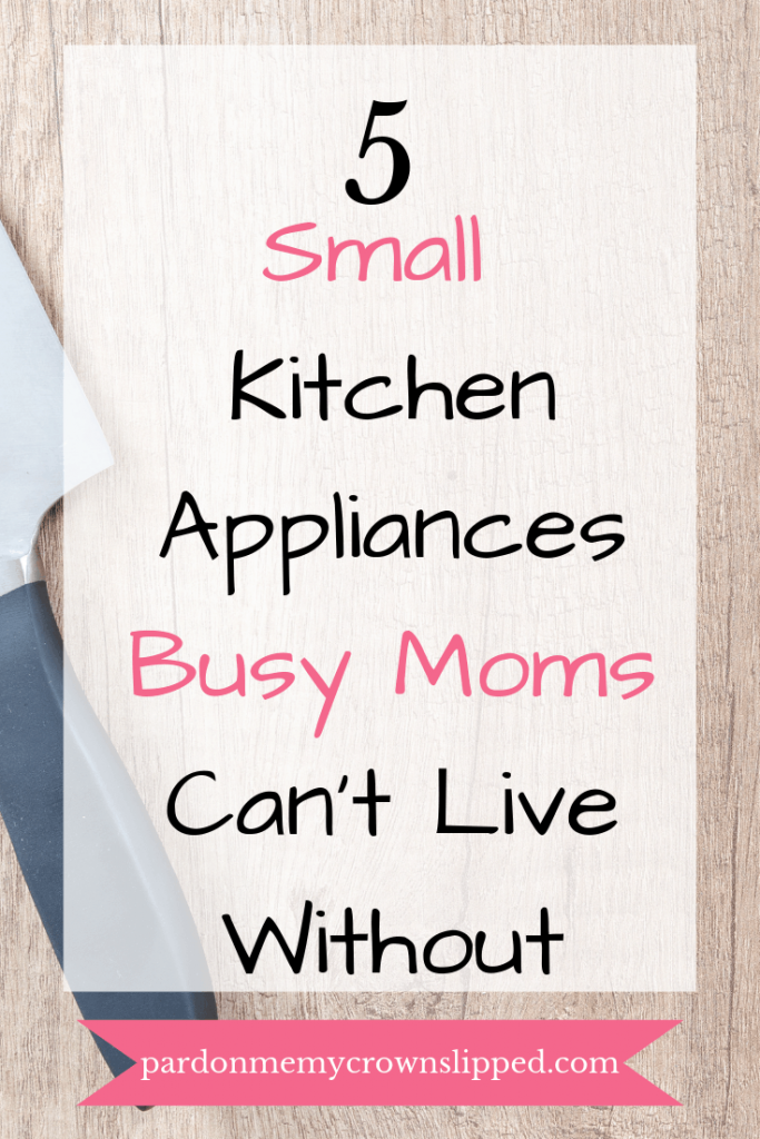 Cutting board with carving knife text overlay 5 small kitchen appliances busy moms can't live without