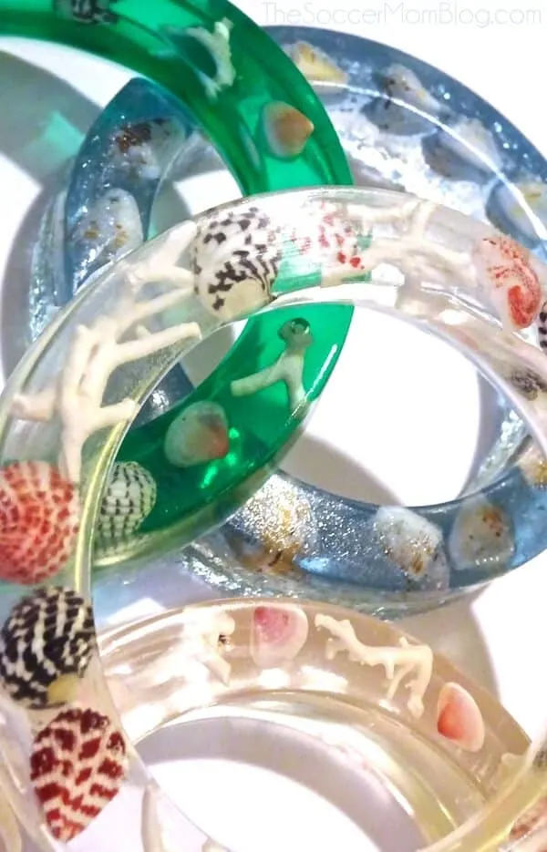 coral and seashell resin bangles