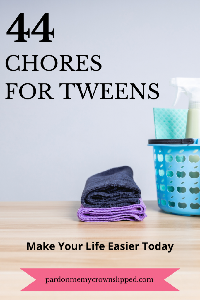 picture of folded towels and basket with cleaning supplies on table.  Text overlay of 44 Household Chores for Tweens to Make Your Life Easier Today