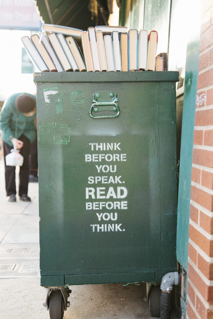 book trolley with the quote "think before you speak.  read before you think."