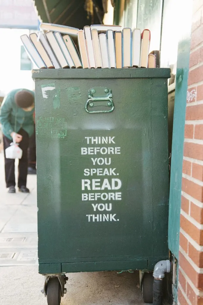 book trolley with the quote "think before you speak. read before you think."