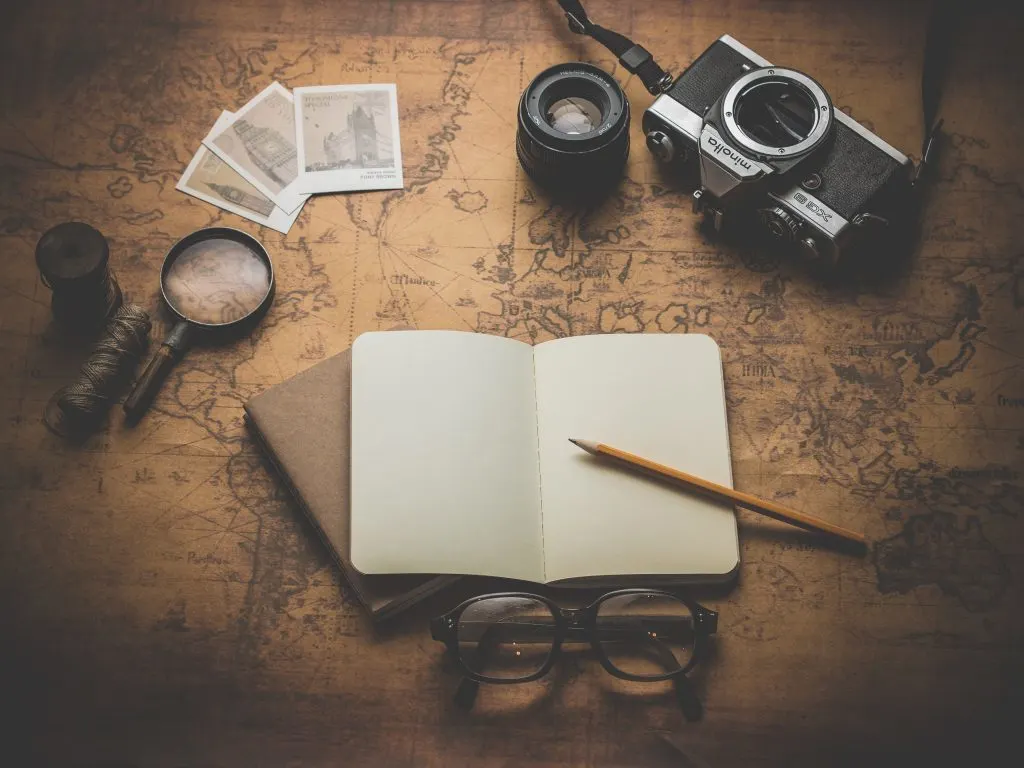 map with camera, glasses, journal, pencil, magnifying glass