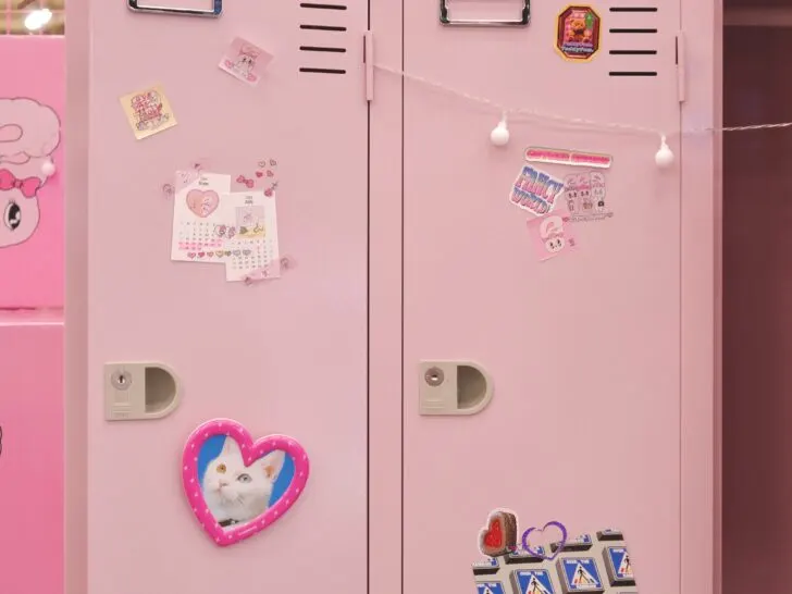 pink school lockers with decorations on the outside
