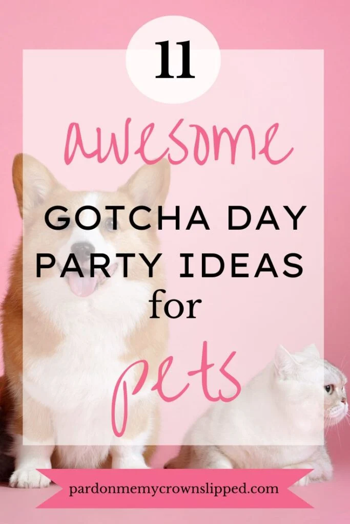 pink background a dog and cat text overlay awesome gotcha day party ideas for pets