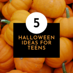 background of many pumpkins with text overlay 5 halloween ideas for teens