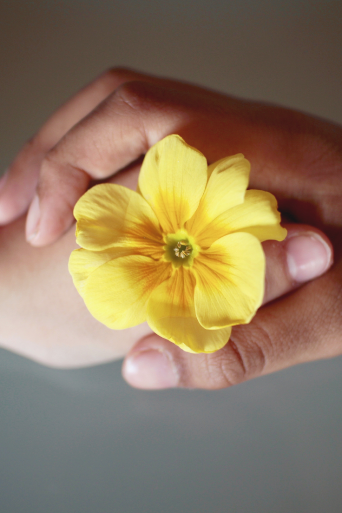 holding hands around a yellow flower