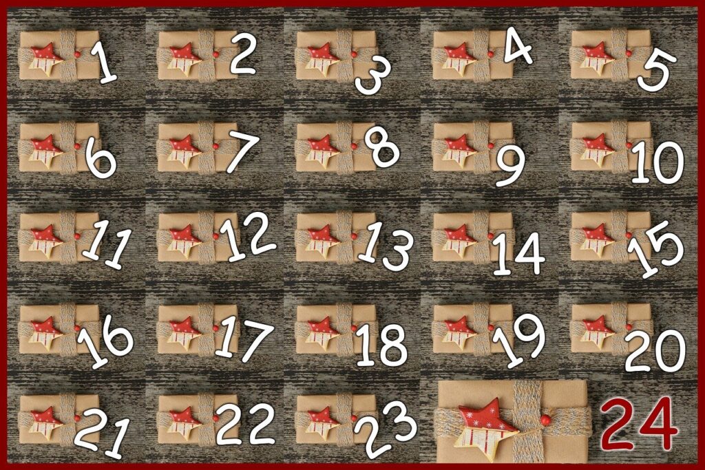 flat lay photo of 24 boxes. Each wrapped in brown paper, decorated with a darker brown ribbon and a wooden star. each labeled 1 - 24 to use as an advent calendar