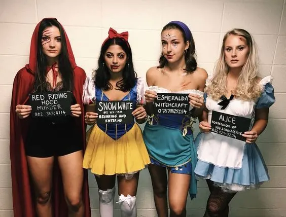 Fairytale mugshots, Snow White, Red Riding Hood, Alice In Wonderland, Esmerelda, Fairytale costumes, girl group costume, sexy Disney princesses Jail