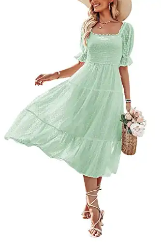 MEROKEETY Women's 2023 Chiffon Swiss Dot Summer Dress Short Lantern Sleeve Swing Midi Dress, Mint, S