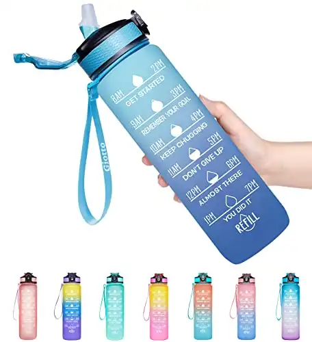 Giotto 32oz Large Leakproof BPA Free Drinking Water Bottle with Time Marker & Straw to Ensure You Drink Enough Water Throughout The Day for Fitness and Outdoor Enthusiasts-Ombre Navy Green