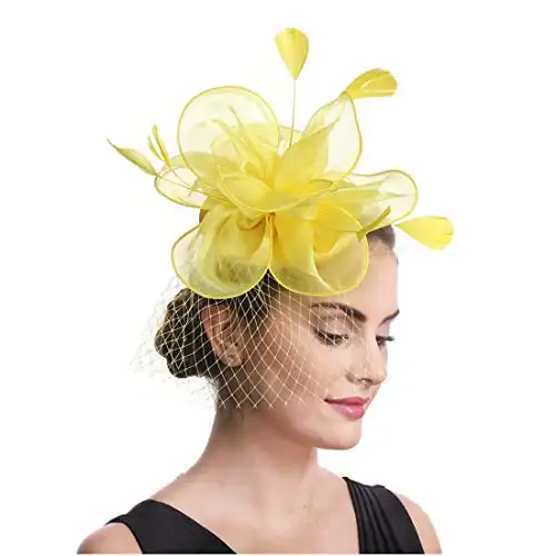 SAFERIN Fascinators Hat Sinamay Flower Mesh Feathers on a Headband and a Clip Tea Party Headwear for Girls and Women (TA2-Yellow)