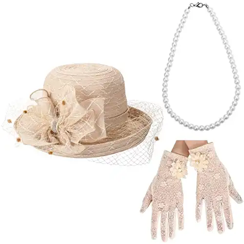 Women's Summer Retro Accessories Set, Church Cloche Hat, Pearl Necklace,Short Lace Gloves for Church Wedding Party(Beige)