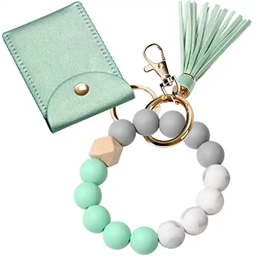 UpUDo Keychain Bracelet Wristlet, Silicone Beaded Key Ring Bracelet with Card Wallet, Elastic Keyring Bangle for Womens