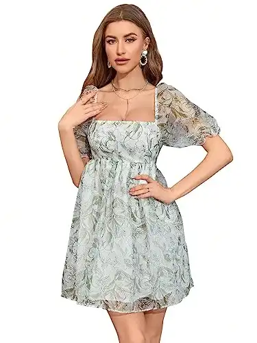 WDIRARA Women's Floral Print Square Neck Puff Short Sleeve High Rise Flare Organza Dress Mint Green XS