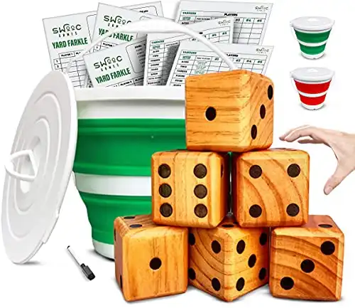SWOOC Games - Yardzee, Farkle & 20+ Games - Giant Yard Dice Set (All Weather) with Collapsible Bucket, Lid, 5 Big Laminated Score Cards & Marker - Backyard Lawn Game - Indoor/Outdoor