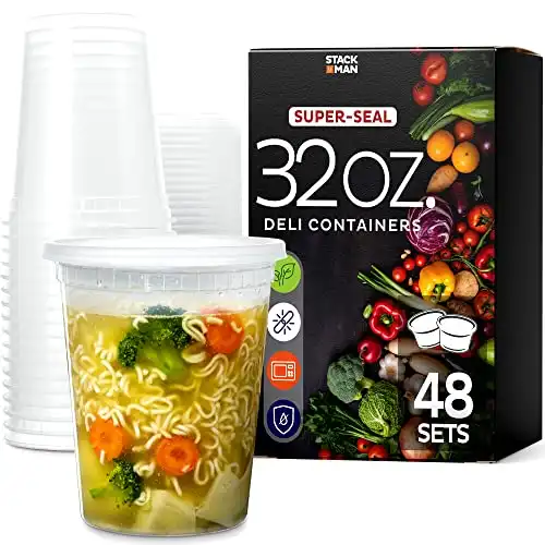 [48 Sets -32 oz.] Plastic Deli Food Storage Containers with Airtight Lids - Soup Containers with Lids