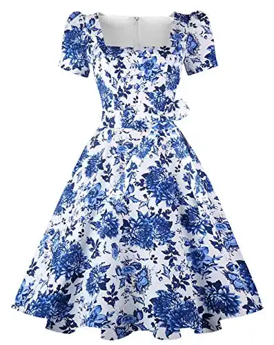 OBBUE Women's Square Neck Dress Vintage 1950s Cocktail Party Dress with Puff Sleeves Blue White Porcelain XS