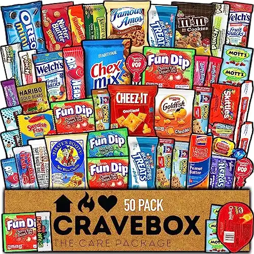 CRAVEBOX Snack Box Variety Pack Care Package (50 Count) Christmas Treats Gift Basket Boxes Pack Adults Kids Grandkids Guys Girls Women Men Boyfriend Candy Birthday Cookies Chips Teenage Mix College St...