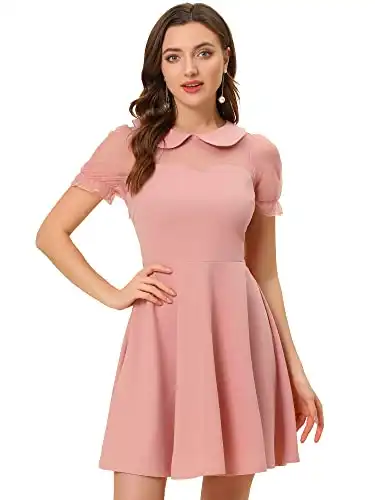 Allegra K Retro Dresses for Women's Peter Pan Collar A-Line 2023 Party Mesh Sleeve Dress X-Large Pink