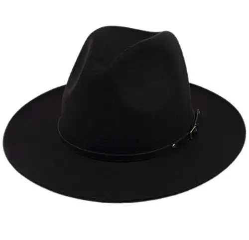 Lanzom Womens Classic Wide Brim Floppy Panama Hat Belt Buckle Wool Fedora Hat Fit Size 6 8/7-7 ¼(One Size, Black)