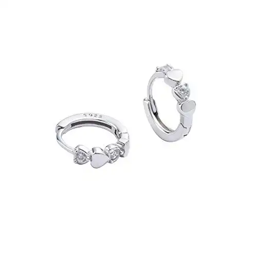 Double Love Heart Cubic Zirconia Sleeper Small Hoop Earrings Sterling Silver