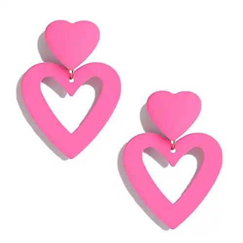 Double Heart Earrings Pink Dangle Earrings