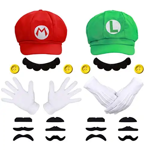 Humairc Super Bros Mari and Luigi Hats Caps Mustaches Gloves Buttons Cosplay Costume(Red Mario & Green Luigi)