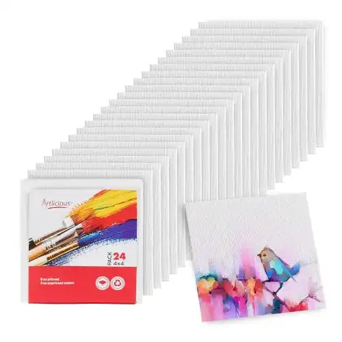 Artlicious Canvases for Painting - Pack of 12, 4 x 4 Inch Blank White Canvas Boards - 100% Cotton Art Panels for Oil, Acrylic & Watercolor Paint