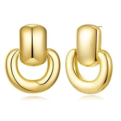 Gold Statement Earrings for Women Girls Vintage Door Knocker 14K Gold Studs Drop Dangle Earrings Fashion Jewelry Gifts