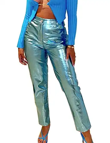 Cresay Women's Faux Leather Metallic High Waist Pants Straight Wide Leg Pants Punk Trousers-Blue-L