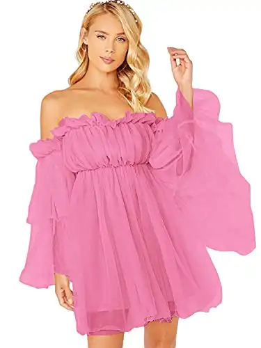 Romwe Women's Romantic Off Shoulder Flounce Long Sleeve Wedding Ruffle Mesh Party Mini Dress Pink Color XS