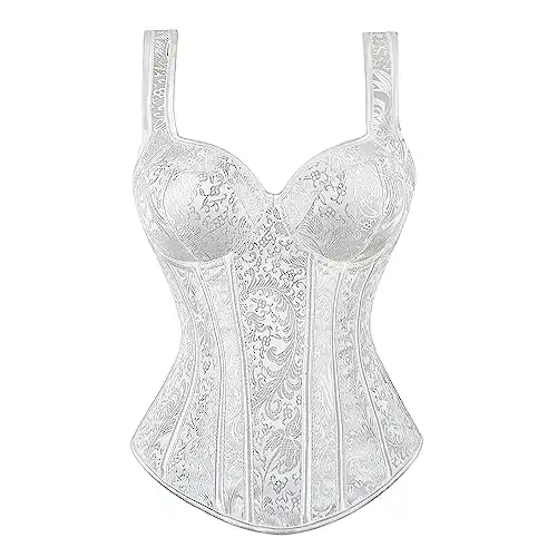 Women's Gothic Corsets Jacquard Shoulder Straps Tank Overbust Corset Bustiers Top White 4XL