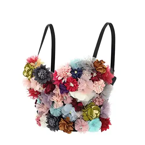 Woeoe Flower Corset Bustier Crop Top Black Bra Nightclub Rave Rhinestone Tops Jewelry for Women