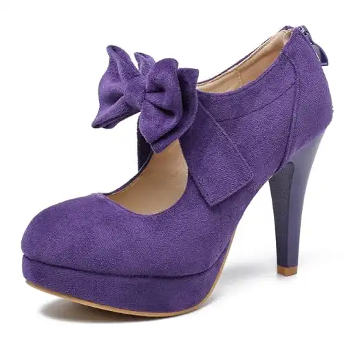 Women's Bow Mary Jane High Heels Closed Toe Platform Vintage Dress Pumps Purple Label Size 38 - US 8