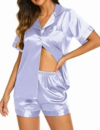 Ekouaer Women's Satin Pajamas Plus Size Short Sleeve Pjs Sleepwear Button Down 2 Piece Sleep Set Light Blue Purple,XXL
