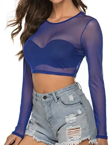 Avidlove Sheer Crop Tops for Women Mesh Crop Shirt See Through Tee Long Sleeve Blue S