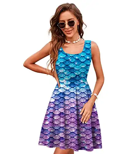 uideazone Mermaid Sundresses for Women Ladies Sleeveless Pleated Sling Dress Casual Fish Scale Print Round Neck Sundress A Line Midi Dresses for Home Party Beach