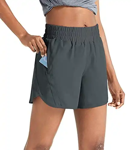 ZUTY 5" Athletic Running Shorts for Women with Zipper Pocket High Waisted Quick Dry Workout Gym Shorts with Liner Dark Grey L