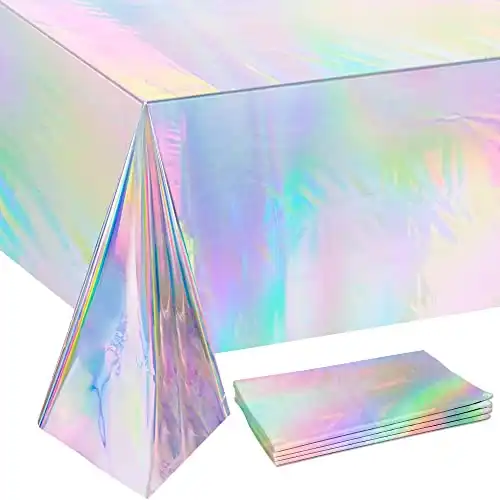 4 Pack Iridescence Plastic Tablecloths Disposable Laser Tablecloth Holographic Foil Rectangle Table Covers Birthday Disco Bachelorette Bridal Wedding Rainbow Iridescent Party Decorations 54