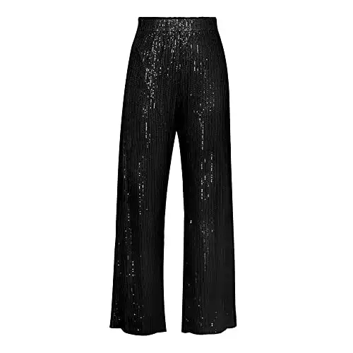 Women Sparkle Outfits Sequin Long Sleeve Blouse Shirt Top Glitter Long Loose Pants Bling Party Clubwear Streetwear (Black Pants, Large)