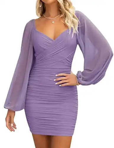 ZESICA Women's Sexy V Neck Ruched Bodycon Mini Dress Puff Long Sleeve Cocktail Wedding Party Short Dresses,Purple,X-Small