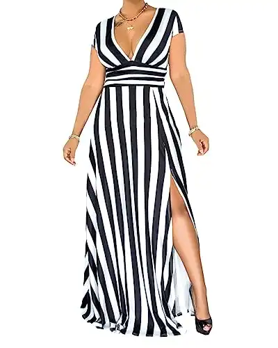 J&DHUASHA Womens Sexy Striped High Waist Maxi Dress V-Neck Short Sleeve Split Party Dress Cocktail Wedding Dinner Dress(Black White, L)