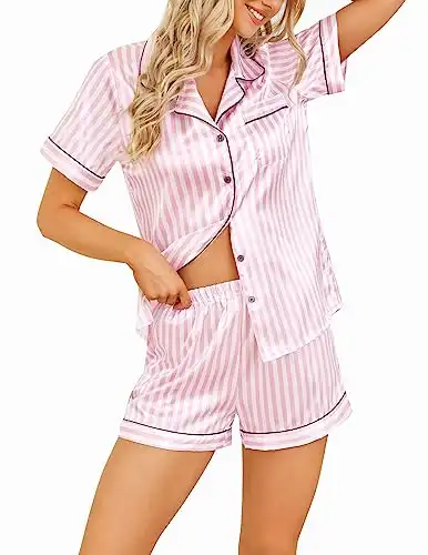 Pjmlifecoco Womens Silk Satin Pajamas Short Sleeve Loungewear Two-Piece Sleepwear Button-Down Pj Set Pink Stripe