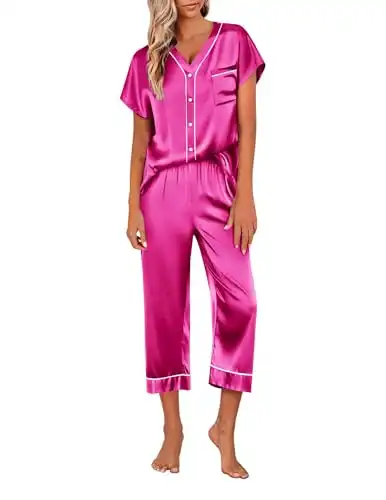 Ekouaer Women Plus Size Silk Pajama Set Loose Casual Wear Short Sleeve Comfy Nightwear Pjs Set Rose, XX-Large