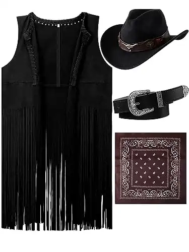 Hercicy Western Outfits for Women Cowgirl Tassel Sleeveless Vest Cowboy Hat Belt and Paisley Bandana for Halloween Dress Up (Black,XL)