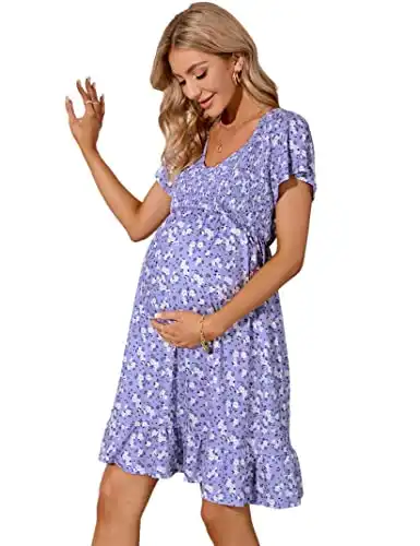 Maternity Short Sleeve Ruffle Dress V Neck
